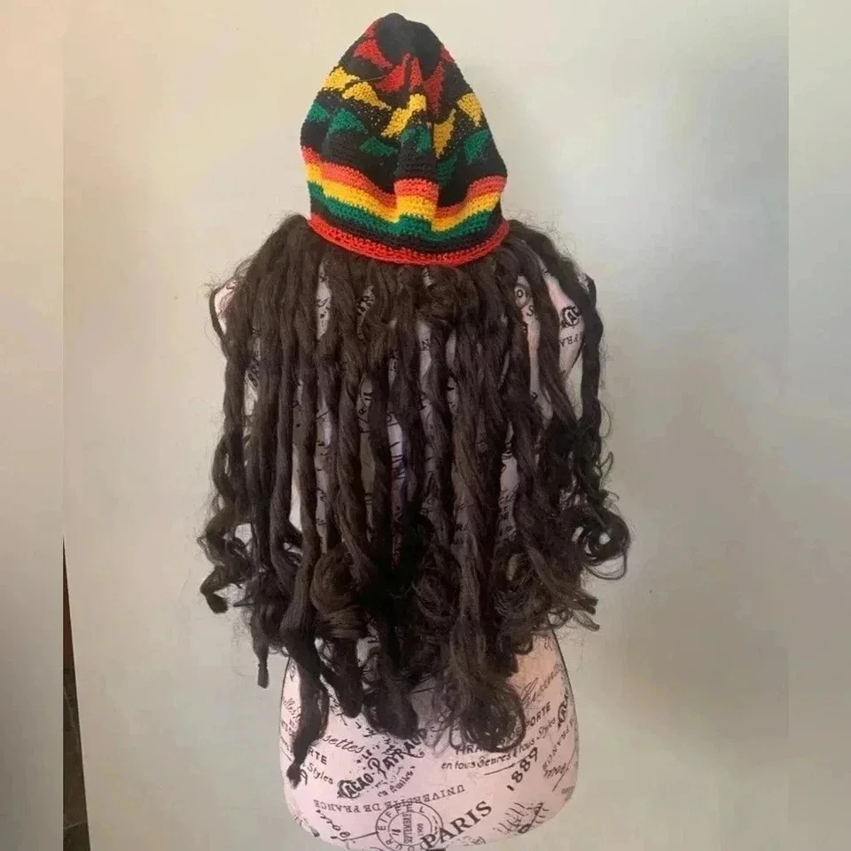 Disfraz Rasta Sombrero Tejido Peluca Rayas Rojo con Rastas Largas Rastas Foto 2 de 4