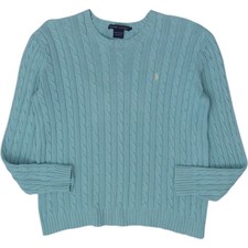 Vintage Ladies Ralph Lauren Cable Knit Sweater Light Blue Large 100 Cotton