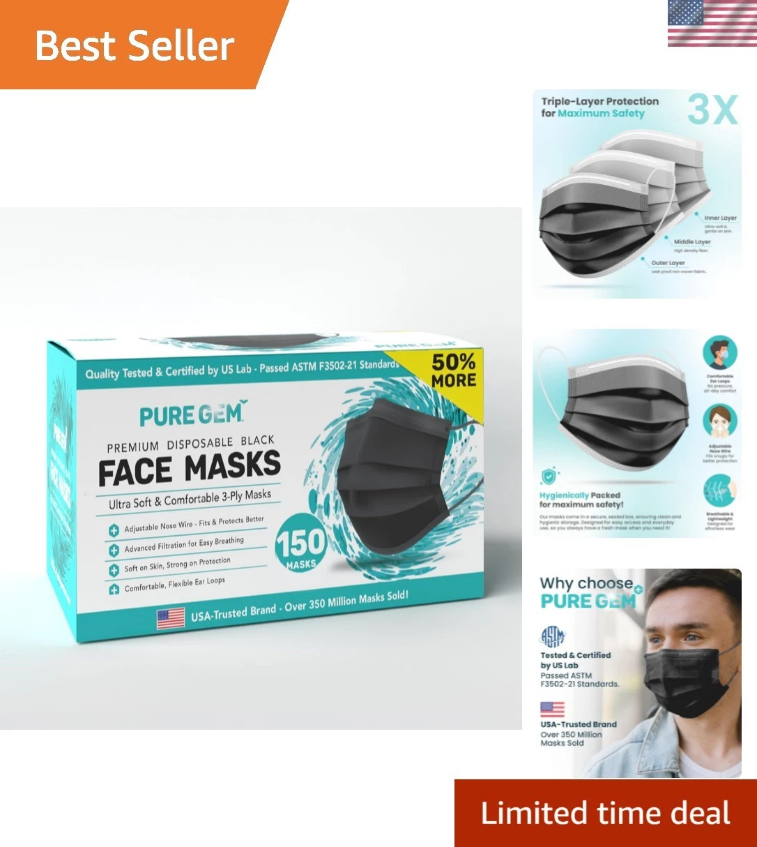 Pack Of 150] Black Disposable Face Mask, 3-Ply Adult Masks, Facial Cover with...
