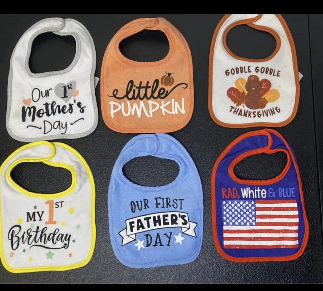 Multicolor Cotton Drool Bibs Hook & Loop Holiday Birthday Family Themes