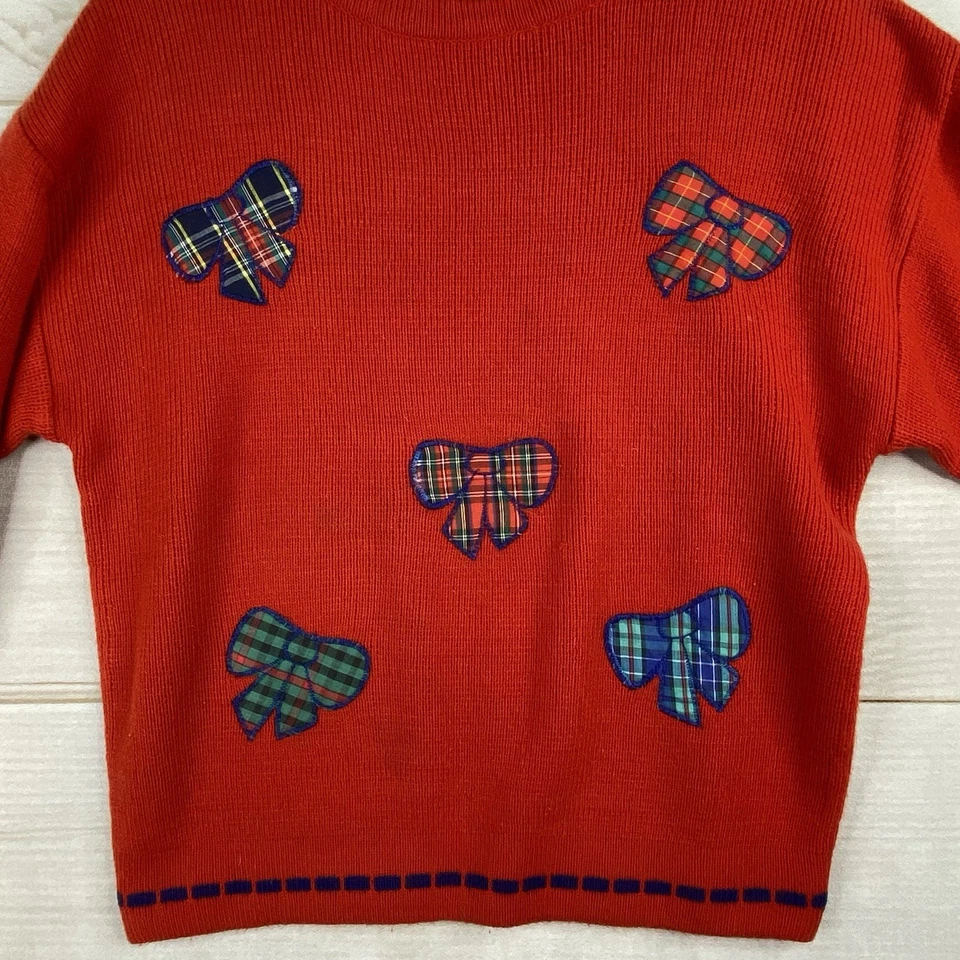 Vintage Knit Works Womens Sweater Sz S Red Plaid Bows High Neck Pullover 80's - Imagem 2 de 4