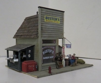 BARBER SHOP & NEWS STAND. BUILT. WOOD. DETAILED. WEATHERED. EXCEPTIONAL! HO