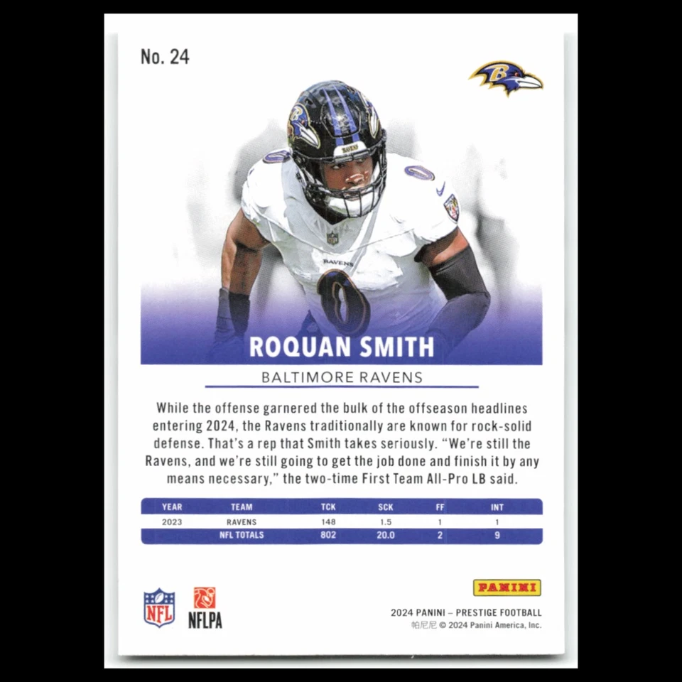 Roquan Smith #24 2024 Panini Prestige Baltimore Ravens Football Card NFL NM - Image 2 of 3