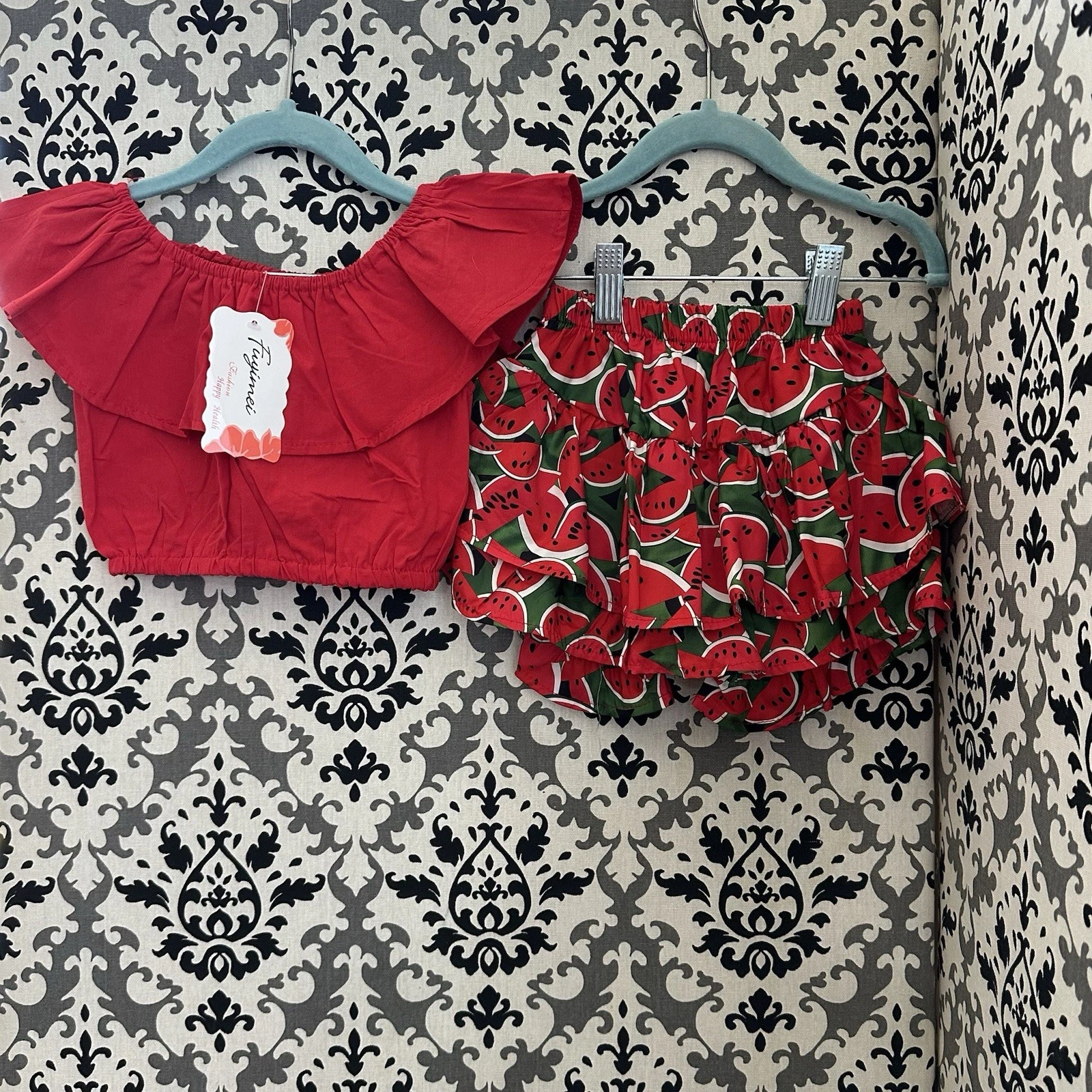 Fayimei Baby Girl Set | 12–18M | Red Ruffle Top & Watermelon Bloomers