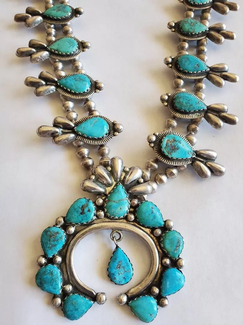 Vintage 199g Natural Turquoise Navajo Squash Blossom Necklace 26, Navajo  Native American