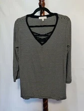 Jones Wear women size L t-shirt blue white striped criss/cross v-neck 3/4 sleeve
