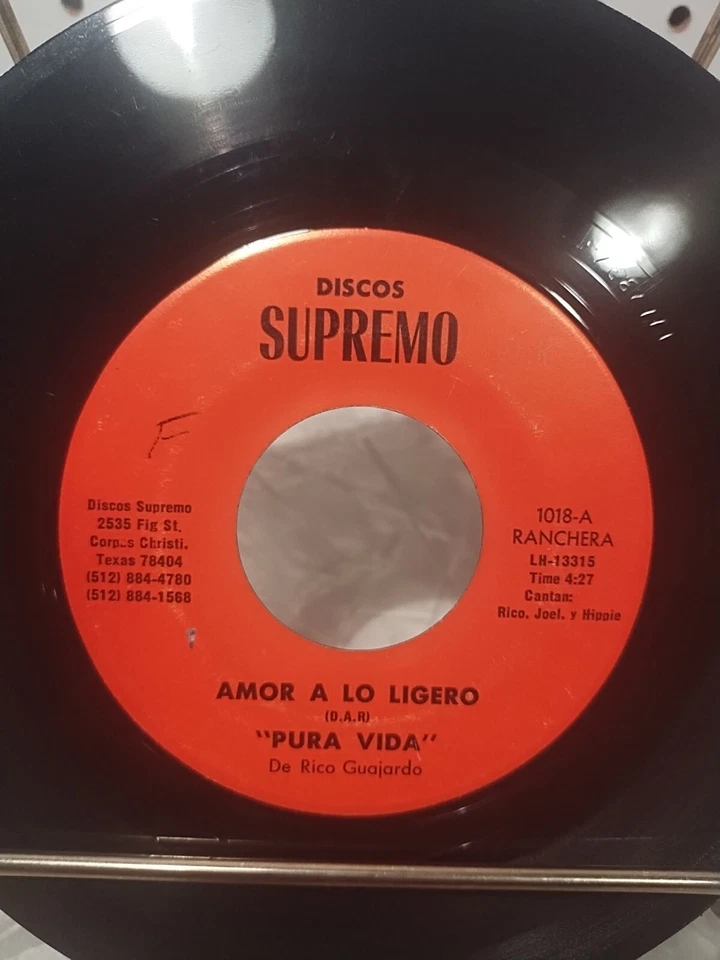 Tejano Tex/Mex 45 Rico Guajardo Y Pura Vida Amor A Lo Ligero Discos Supremo HTF Foto 2 de 4