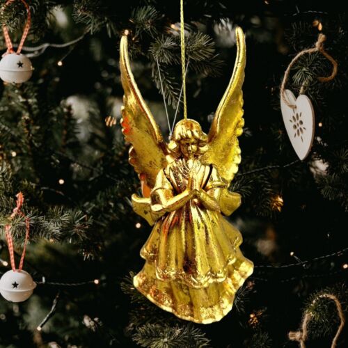 Vintage Praying Winged Guardian Angel Christmas Ornament Golden Tone 6” Tall - Afbeelding 1 van 6