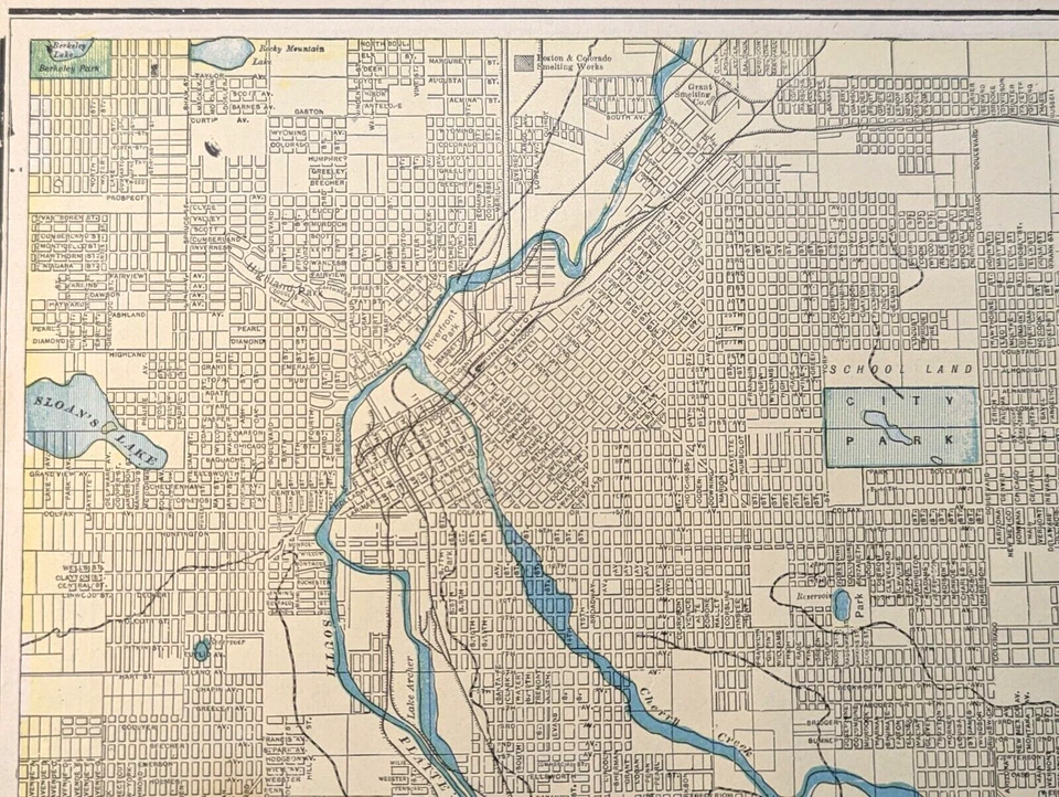 Mapa de la ciudad de Denver Colorado 1903 litografía a color 11 1/4" x 14 1/2" EE. UU. Foto 3 de 4