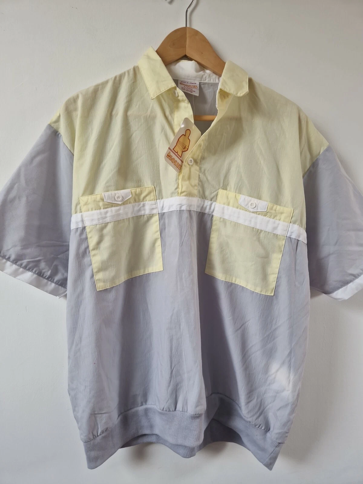 True Vintage 80s Panel Colour T-shirt Top Grey yellow White Size XL