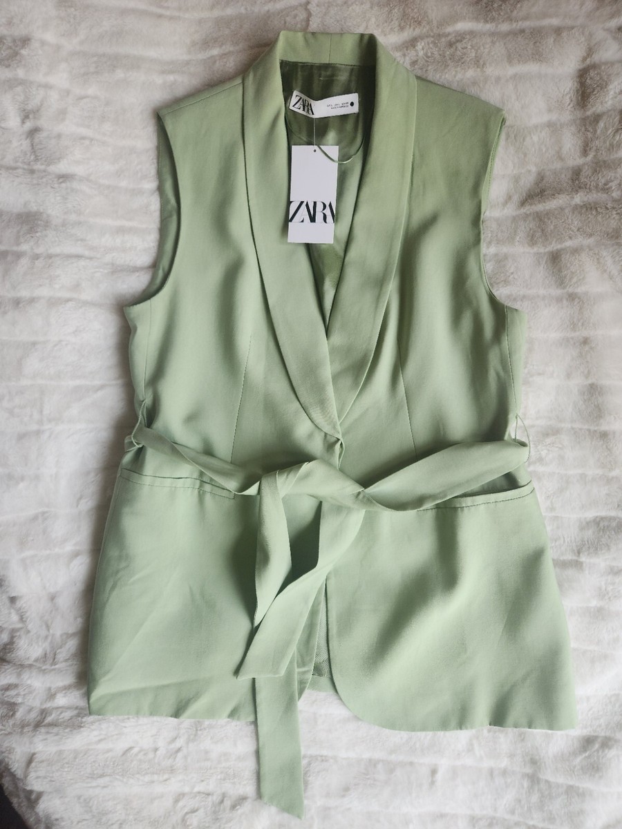 Zara Co-Ord Set Tuxedo Collar Vest & Wide Leg Pants Green Mint Sz