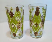 2 Vintage Iced Tea Water Glasses  Neon Green and Gold 12 ounces