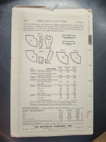 Vintage Butterick Apron Patterns #9983 size Medium 14 - 16 Uncut - Picture 2 of 3