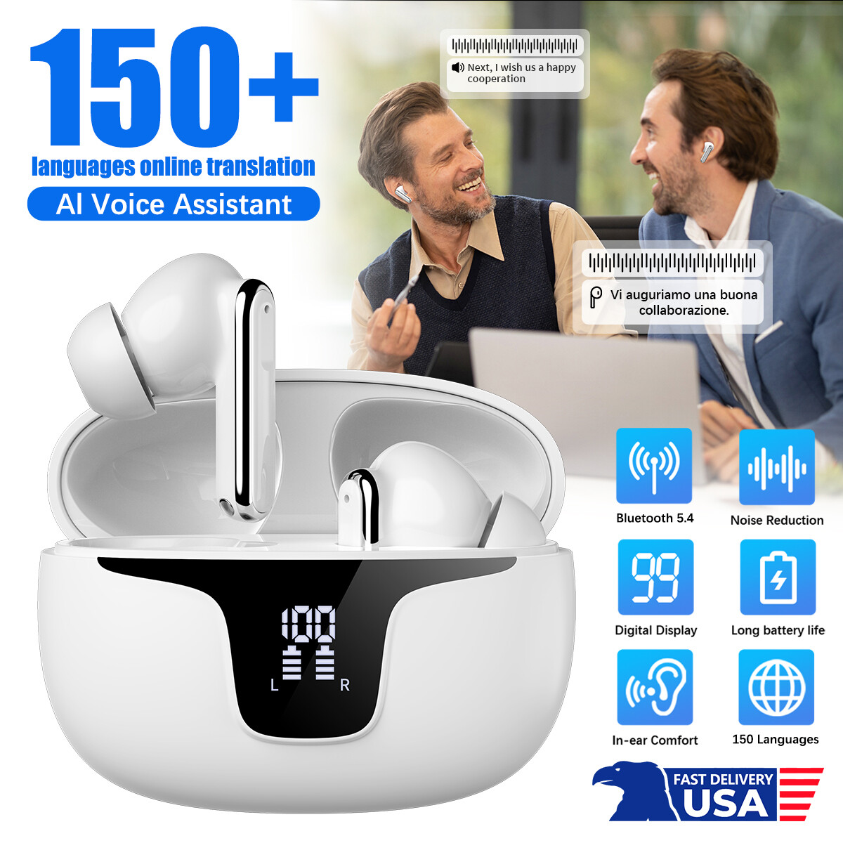 150 Languages Translator Earbuds Real Time Translator Earphones Smart Voice 2024