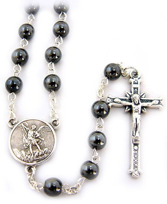 NEW BEAUTIFUL MADE IN ITALY HEMATITE BEAD ST MICHAEL THE ARCHANGEL ROSARY