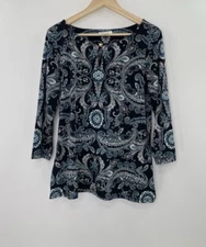 Charter Club Liquid Knit Paisley Keyhole Hardware Blouse Size Medium Career