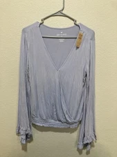 American Eagle Top Woman lavender Soft & Sexy Faux Wrap Long Bell sleeves NWT