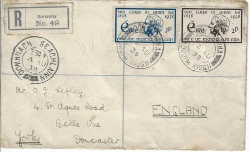 Ireland 1938 Registered Cover With Centenary Of Temperance Set