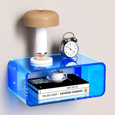 Blue Acrylic Floating Nightstand - Wall Mounted Bedside Shelf, Small Size