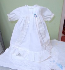 Vtg Long White Christening Doll Dress Gown W/Ruffle Roses Ribbons  Lace 11"X14"