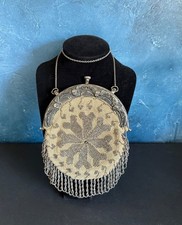 SPECTACULAR 1890 MICRO BEADED PURSE BAG TWISTED FRINGE LEATHER