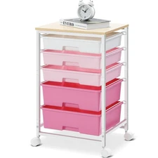 Utility Cart with 5 Drawers,Storage Drawer Cart with Wooden Tabletop and Lock...