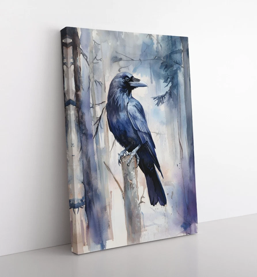 Watercolor Raven Painting Print Framed Canvas Wildlife Animals Wall Art Gothic - Image 2 of 4