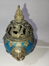 Antique Tibetan Turquiose  Cloisonne & Brass Incense Burner w Ornate Brass Top