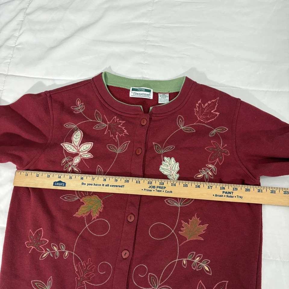 Cárdigan Suéter Vintage Shenanigans Botón Rojo Hojas de Otoño Pequeño Mediano PM Foto 4 de 4