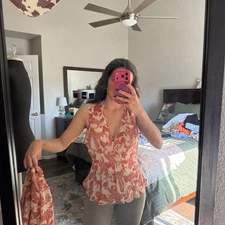 MODA International 100% Silk 2 Piece Set Paisley Tank + Kimono Top Rust/Ivory XL