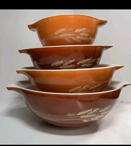 Vintage Pyrex Mixing Bowl Set Autumn Harvest Wheat Cinderella 441 442 443 444
