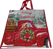 CHRISTMAS~Reusable Tote Bag ~ 19" X 18" X 8" ~ MERRY CHRISTMAS/VINTAGE RED TRUCK