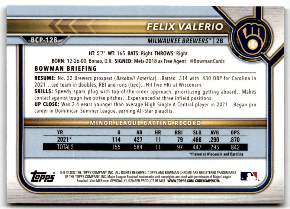 Felix Valerio 2022 Bowman Chrome Aqua Shimmer Refractor /125 #BCP-128 Milwaukee - Image 2 of 2