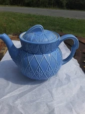 Hall China Art Deco Damascus Danielle Teapot Blue Glossy Glaze Diamond Floral