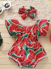 Baby Girl Watermelon Print Bodysuit With Headband in Red, Size 18-24 Months