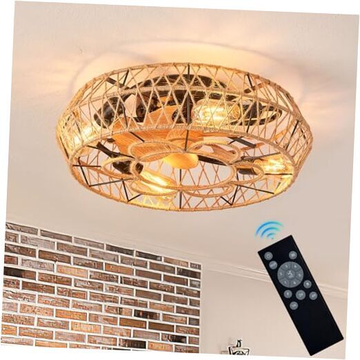 Boho Ceiling Fan with Light Rattan Caged Ceiling Fan Low Profile Black