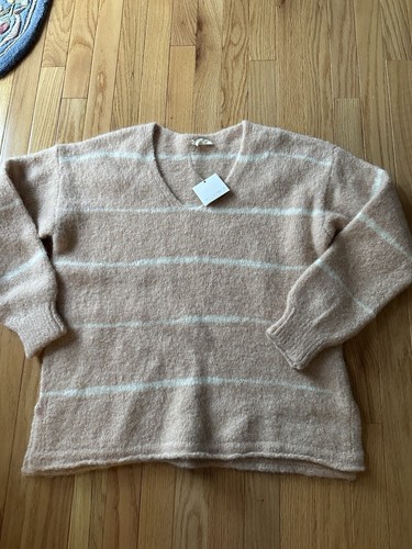 Mus & Bombon Blush Striped Boutique Oversized V Neck Sweater NWT M $98