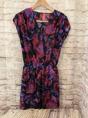 Eight Sixty Dress Womens Medium A Line Purple Watercolor Floral Stretch V Neck