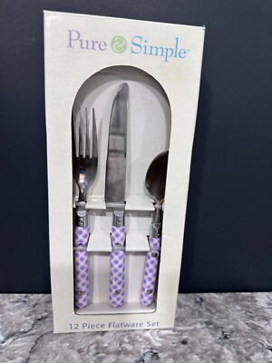 Pure and Simple Gingham 12 Piece Flatware Set With 4 Each Forks, Spoons,  Knives