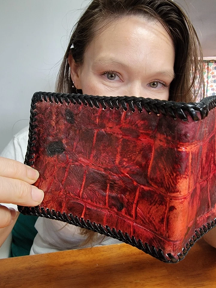 Genuine Alligator/Crocodile Red/Black Bifold Wallet New Handmade gator wallet - Image 4 of 4