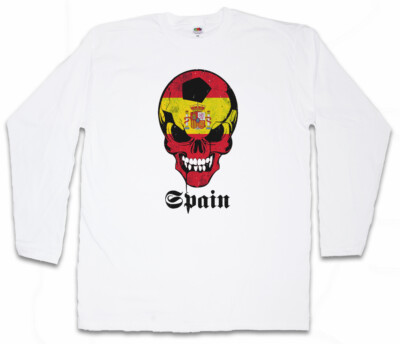 WHITE CLASSIC SPAIN FOOTBALL SKULL FLAG LANGARM T-SHIRT Fan Hooligan