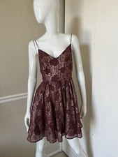 KIMCHI BLUE NEW! Burgundy Silky Luxex Metallic Strappy Fit n Flare Mini Dress 6