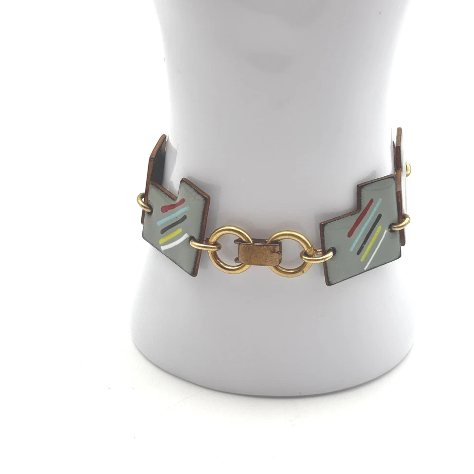 Pulsera Esmaltada Vintage Años 80 Gris Gráfico Rayas Geométrica Estilo Art Deco Foto 4 de 4