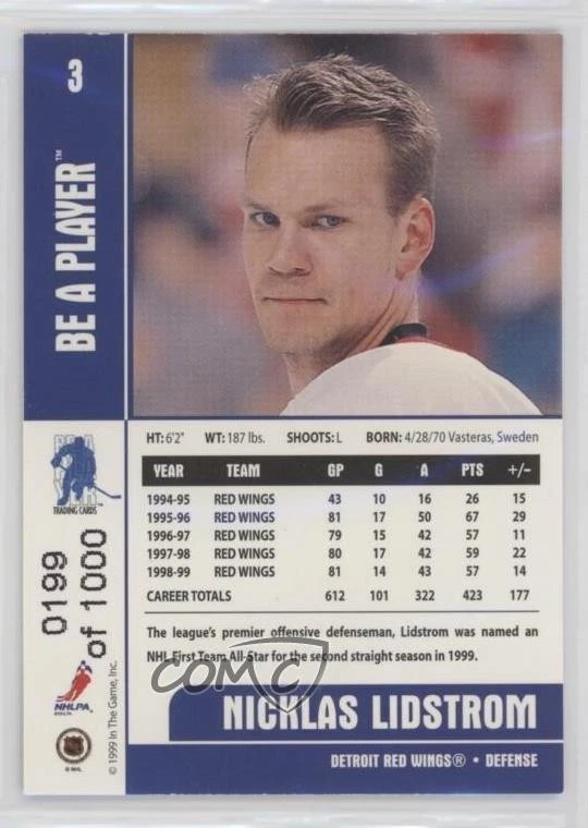 1999-00 ITG Be A Player Memorabilia Silver /1000 Nicklas Lidstrom #3 HOF - Image 2 of 2