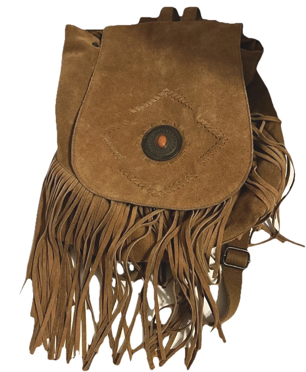 fringe suede mini backpack Vintage '70s Fringed Brown Bohemian Hippie premium materials Boho Womens Faux Leather Backpack
