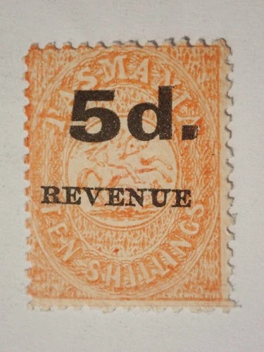 1864 TASMANIA 5 PENCE REVENUE on 10 SHILLINGS STAMP QUEEN VICTORIA ORIGINAL GUM