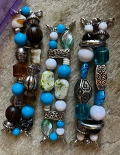 BOHO  CHUNKY PLASTIC, METAL & WOOD BEADED BRACELET 2 CLOSURES & ELASTIC NEW 3 EA