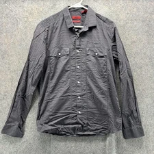 Hugo Boss Dress Shirt Mens Medium Gray Black Check Slim Fit Long Sleeve Casual