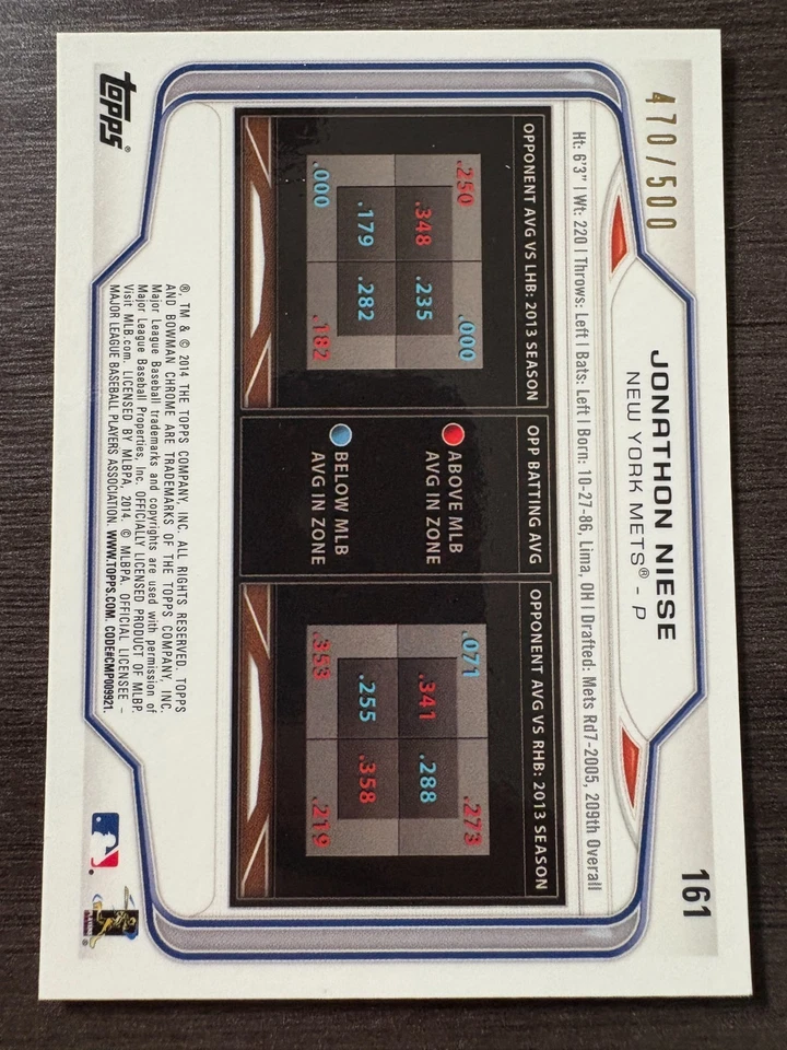 Bowman Chrome Jon Jonathon Niese 2014 refractor #161 serie/500 Foto 2 de 2