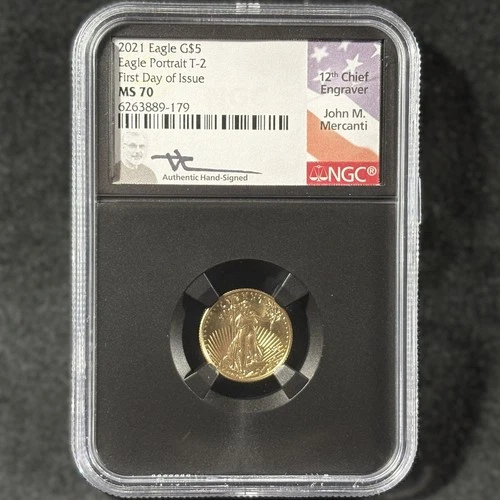 2021 $5 Gold Eagle Type 2 1/10 oz First Day Mercanti Signed Black Core NGC MS 70